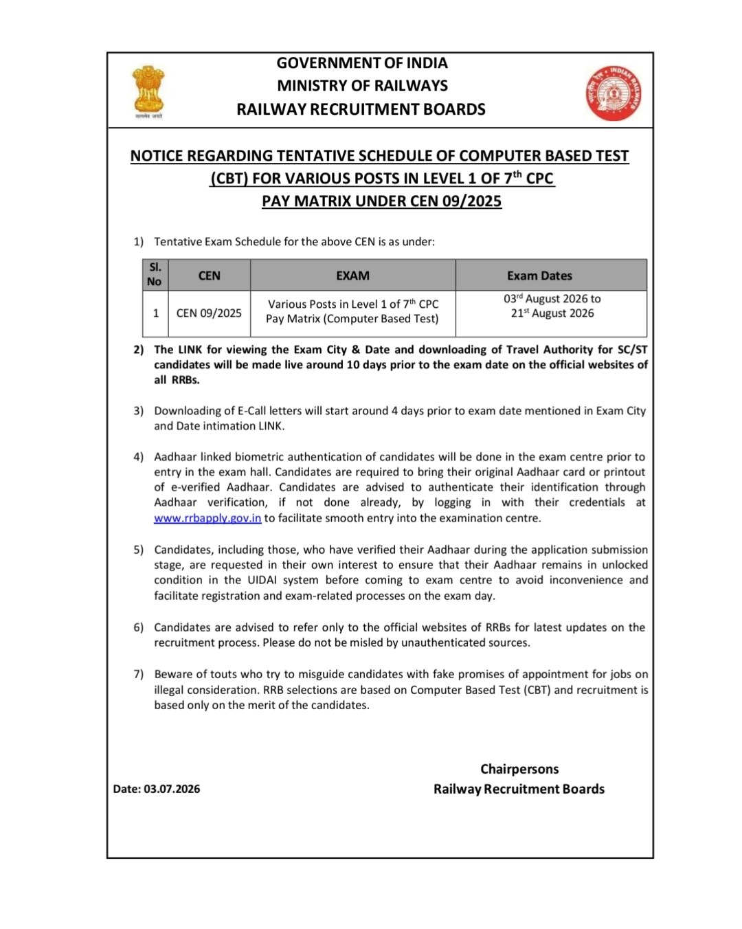 Check CBT-I Exam Date Notice RRB