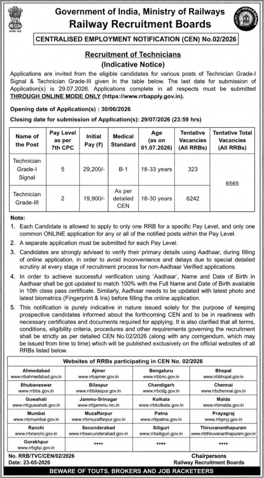 Railway RRB Technician CEN 022026 Short Notice